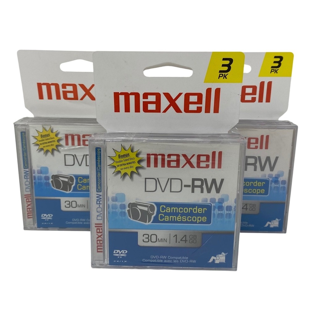 (LOT OF 3) 3 Pack Maxell DVD-RW Camcorder 30 Min 1.4GB Double Sided 9 TOTAL